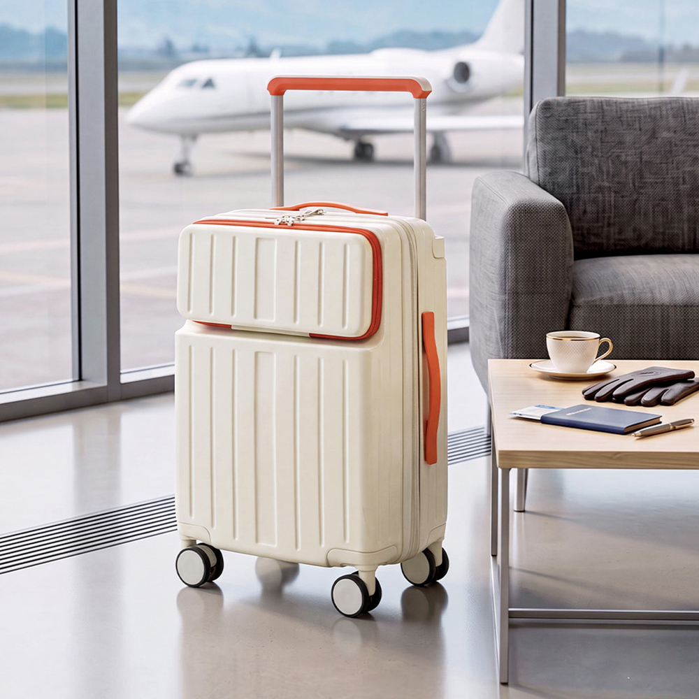H&O Direct Orange and White ABS Suitcase with Front Opening and Spinner Wheels 20 inch Image 2