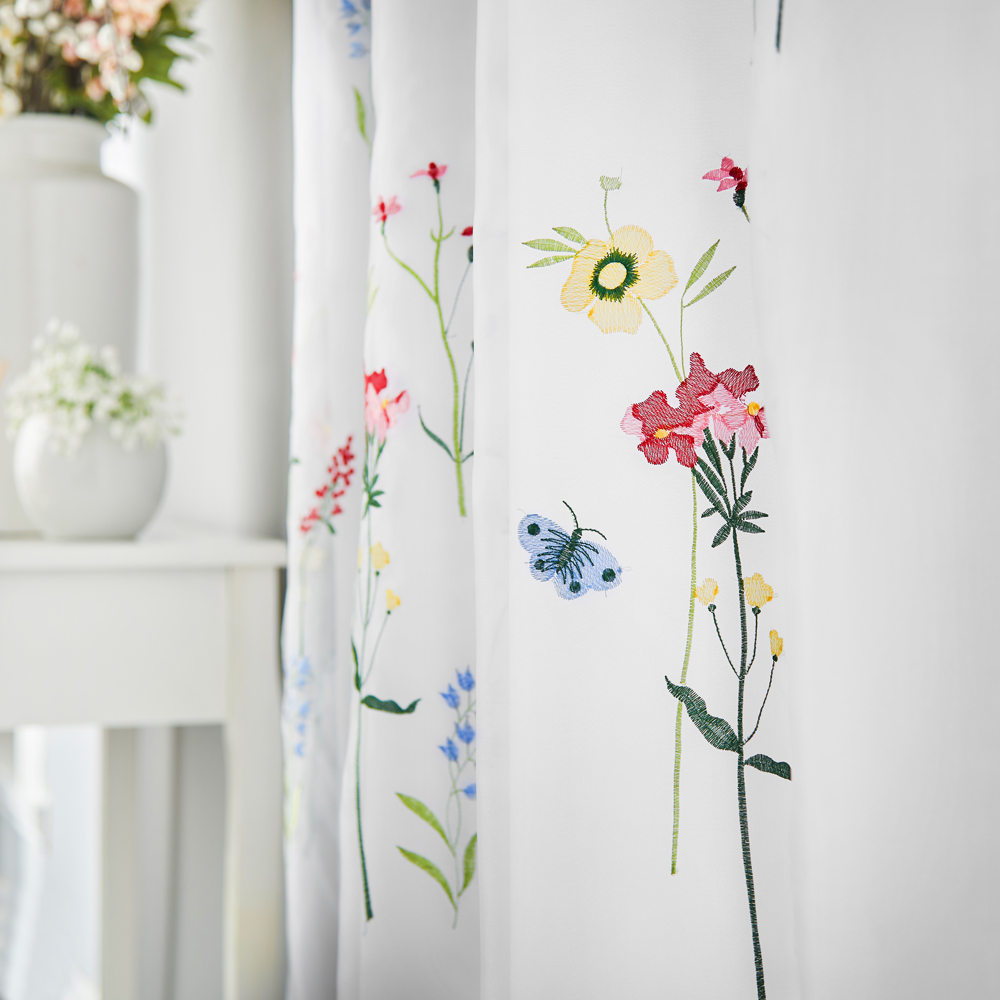 Alan Symonds Embroidered White and Red Floral Lined Ring Top Eyelet Voile Curtains 147 x 183cm Image 2