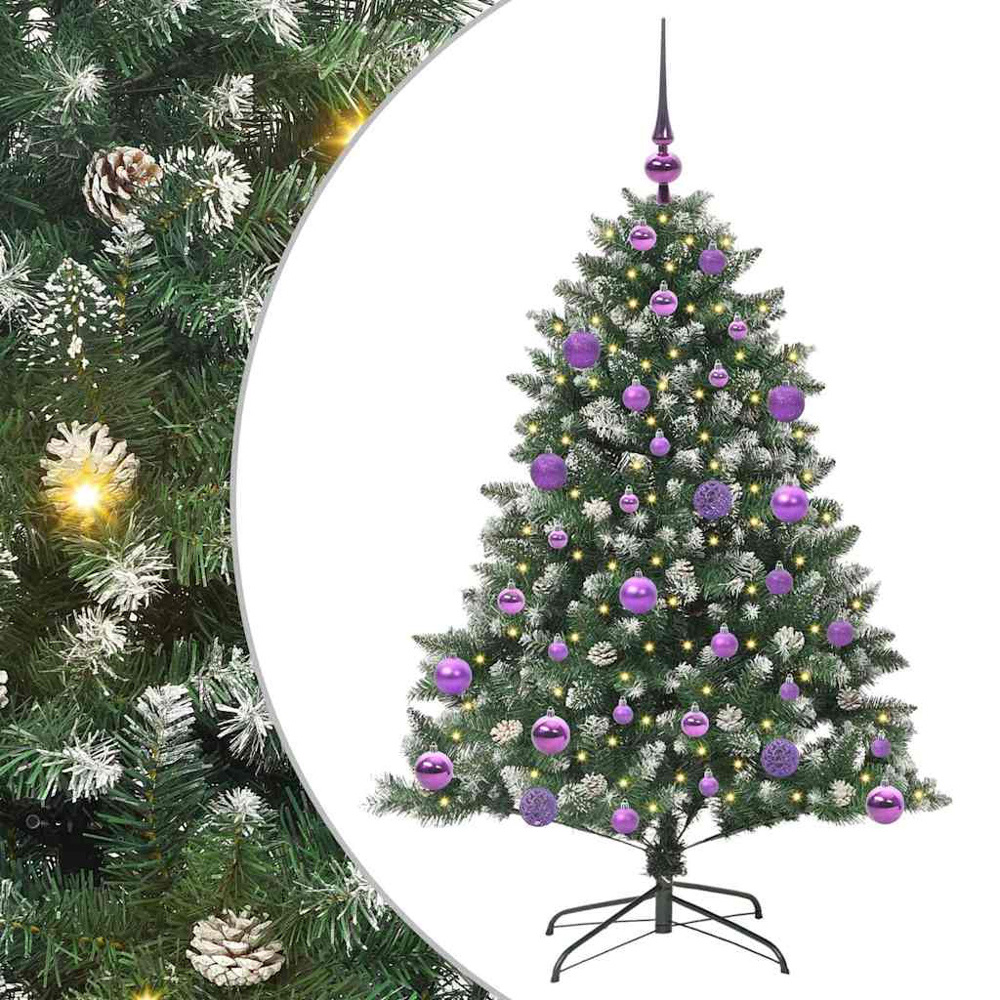 vidaXL Pre-Lit Lilac Bauble Pinecones Green Snow Flocked Artificial Christmas Tree 4ft Image 6