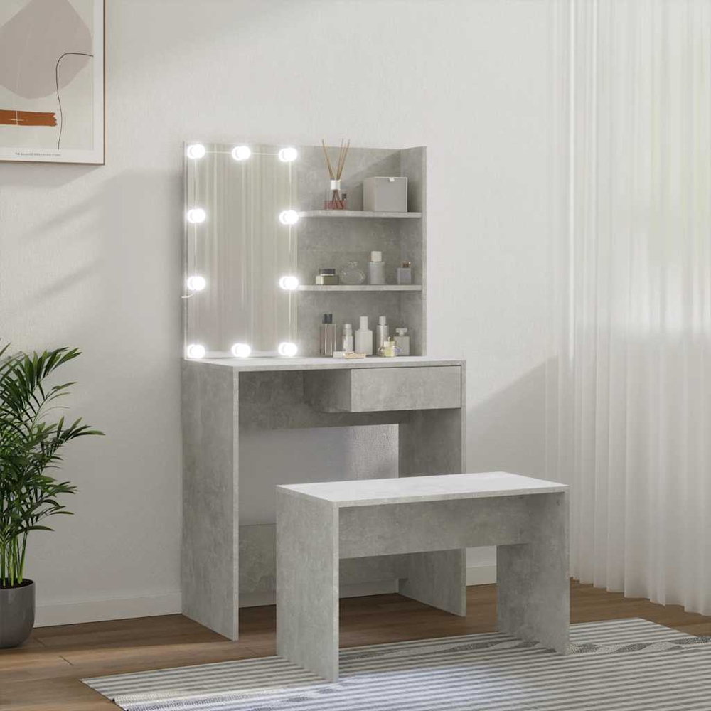 vidaXL Concrete Grey LED Mirror Dressing Table and Stool Set Image 9