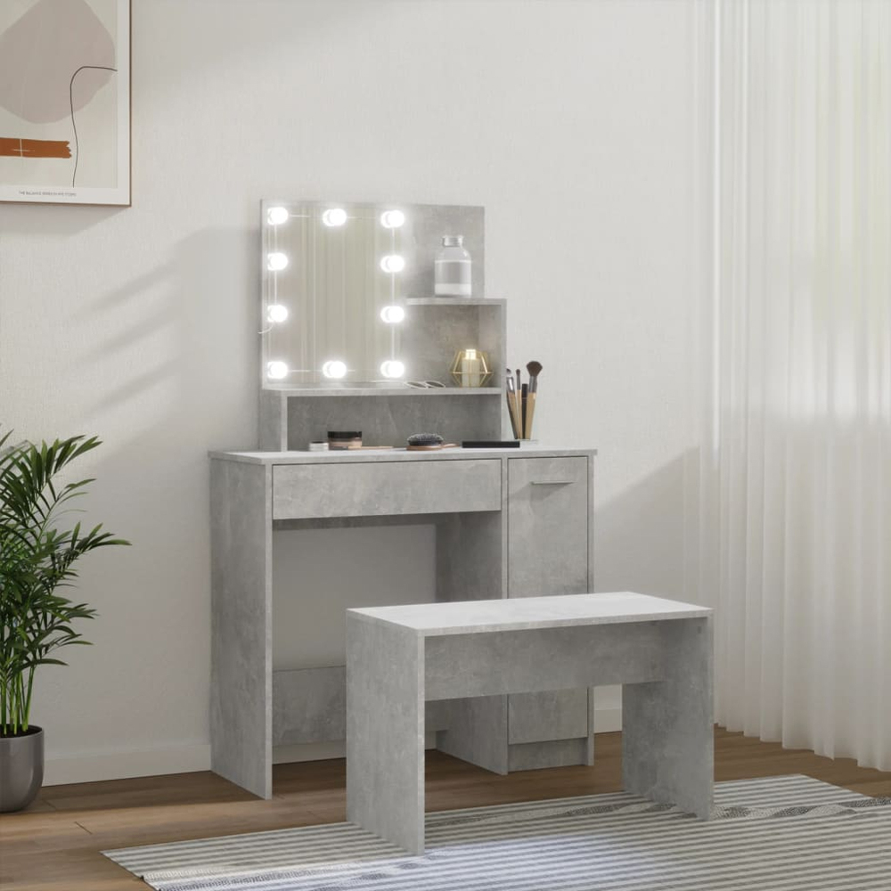 vidaXL Single Door Single Drawer 3 Shelf Concrete Grey Dressing Table Set with LED Lights Image 9