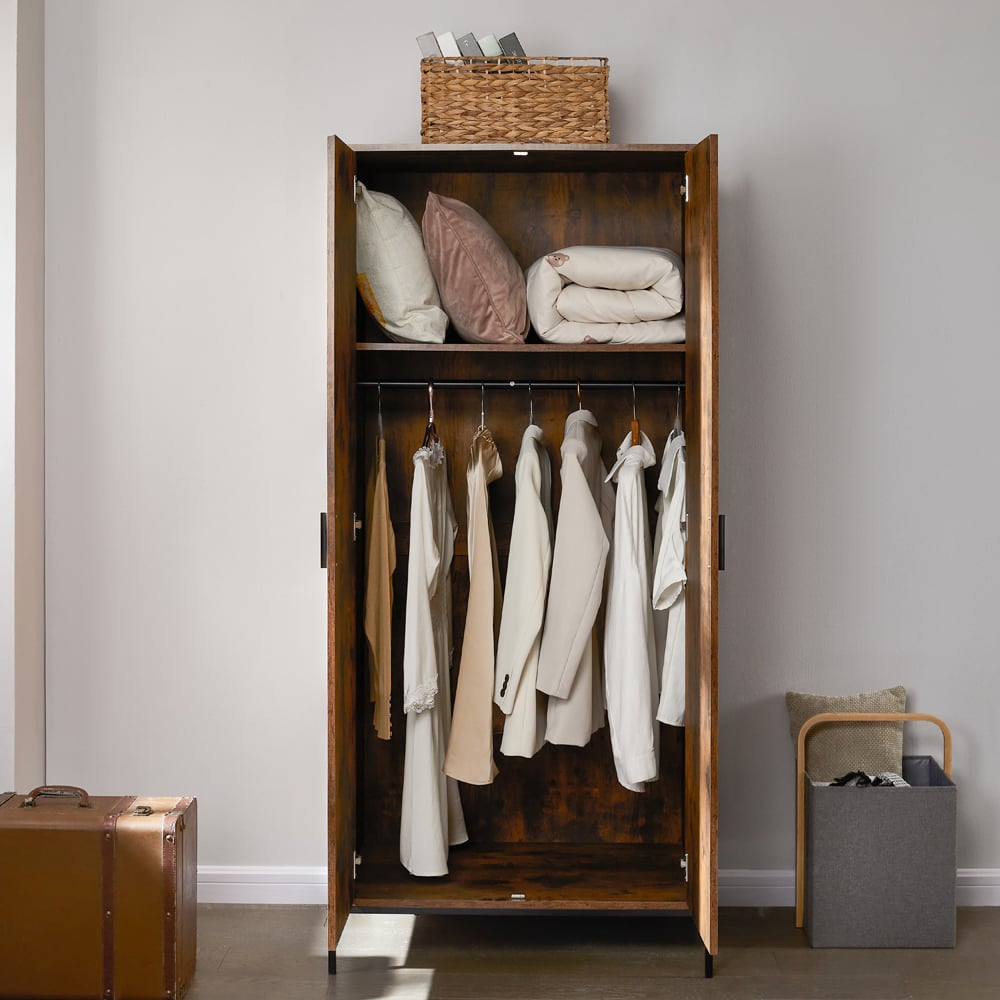 Vida Designs Brooklyn 2 Door Dark Wood Industrial Wardrobe with Hanging Rail and Shelf Image 5