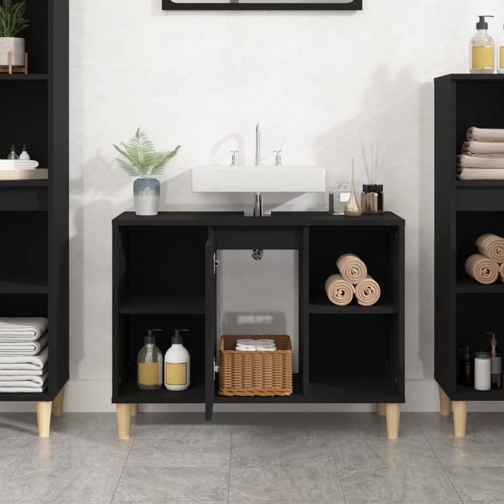 vidaXL Single Door 4 Open Shelf Black Bathroom Sink Cabinet Image 9