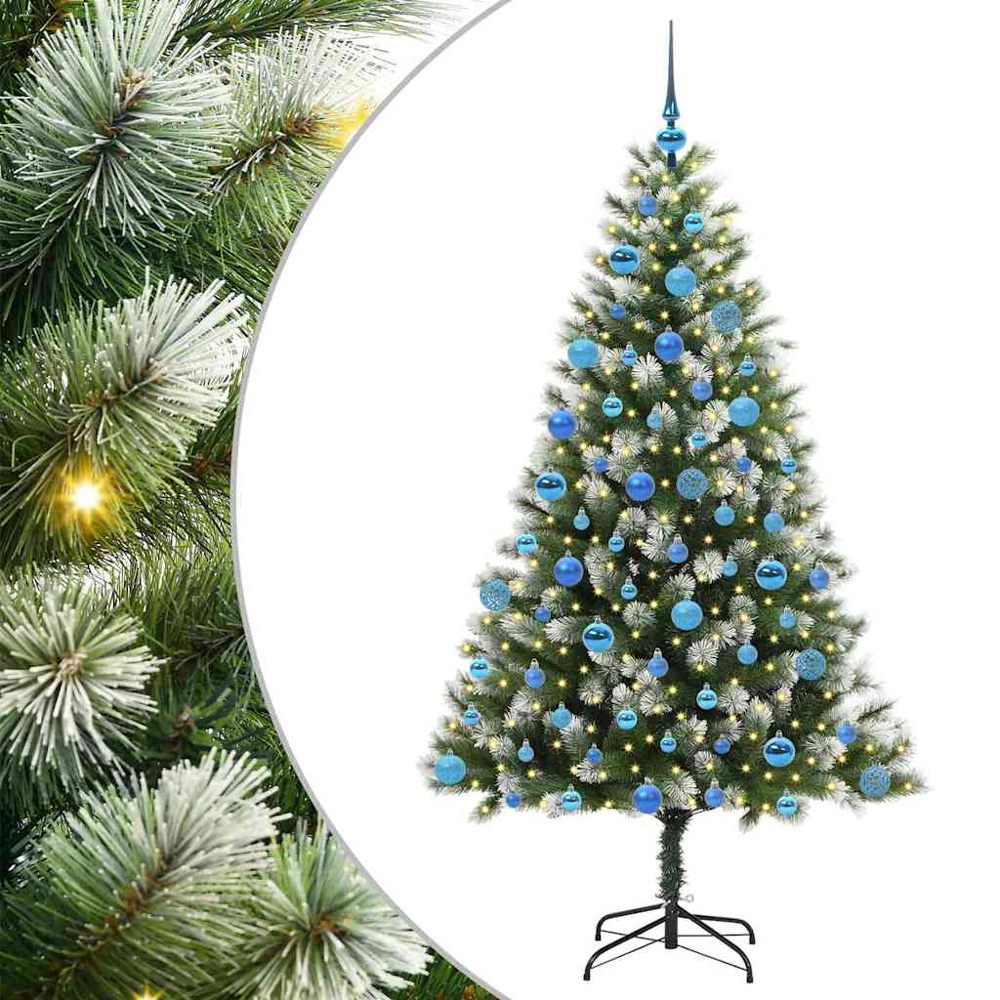 vidaXL Pre-Lit Blue Baubles Green Artificial Snow Tipped Hinged Christmas Tree 6ft Image 2