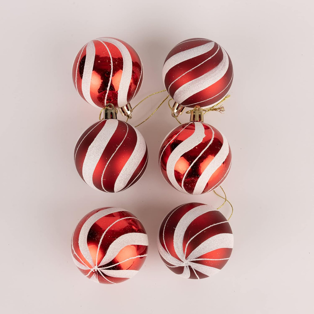 Shatchi 6cm Red and White Candy Strip Shatterproof Christmas Bauble 6 Pack Image 4