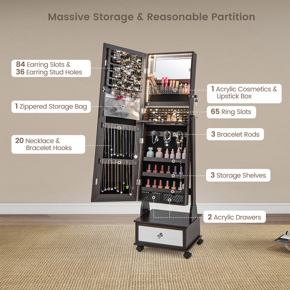 Costway Single Door Single Drawer Brown Mirrored LED Jewellery Cabinet Image 6