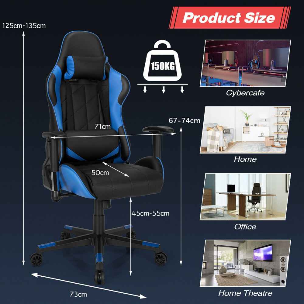 Costway Blue and Black High Back Swivel Gaming Chair with Headrest and Lumbar Pillow Image 9