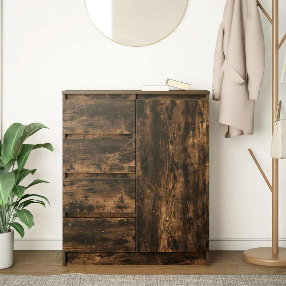 vidaXL Single Door 4 Drawer Smoked Oak Sideboard Image 9