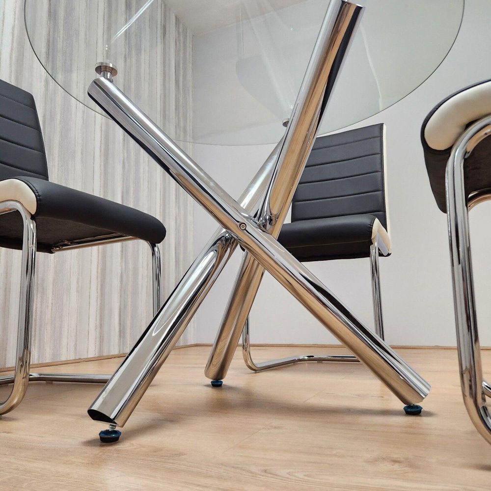 Portland 4 Seater Leather Clear Glass Round Dining Set Black and White Image 3