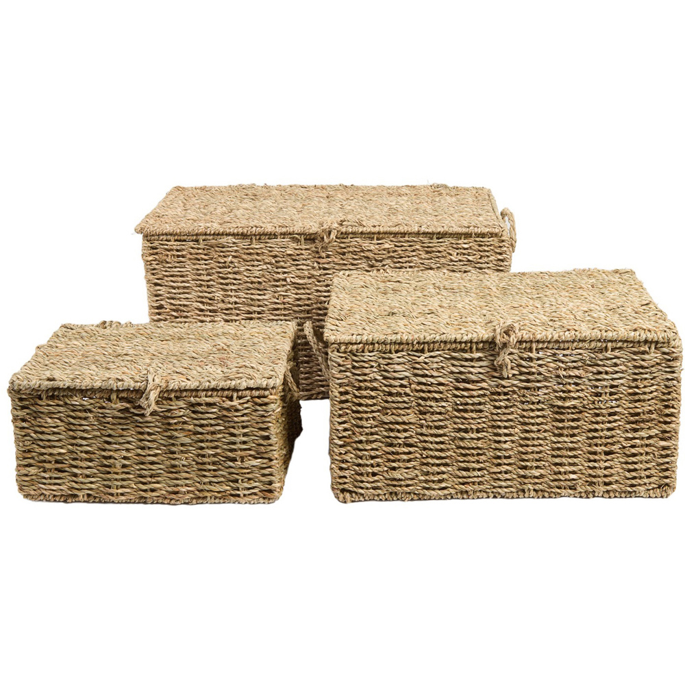 Set of 3 Seagrass Woven Storage Trunks Natural Image 1