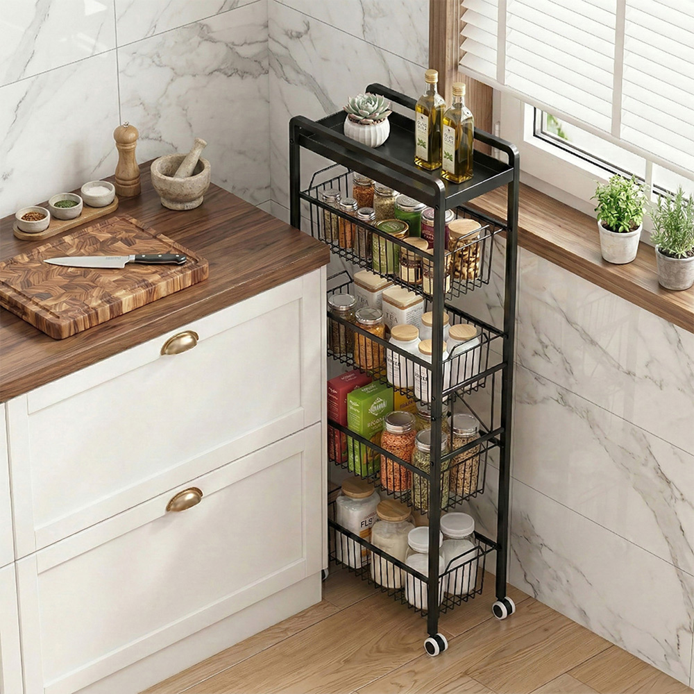 Living and Home 5-Tier Black Carbon Steel Pull-Out Storage Trolley Image 2