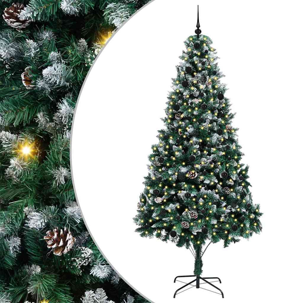 vidaXL Pre-Lit Black Baubles Green Artificial Christmas Tree 8ft Image 2
