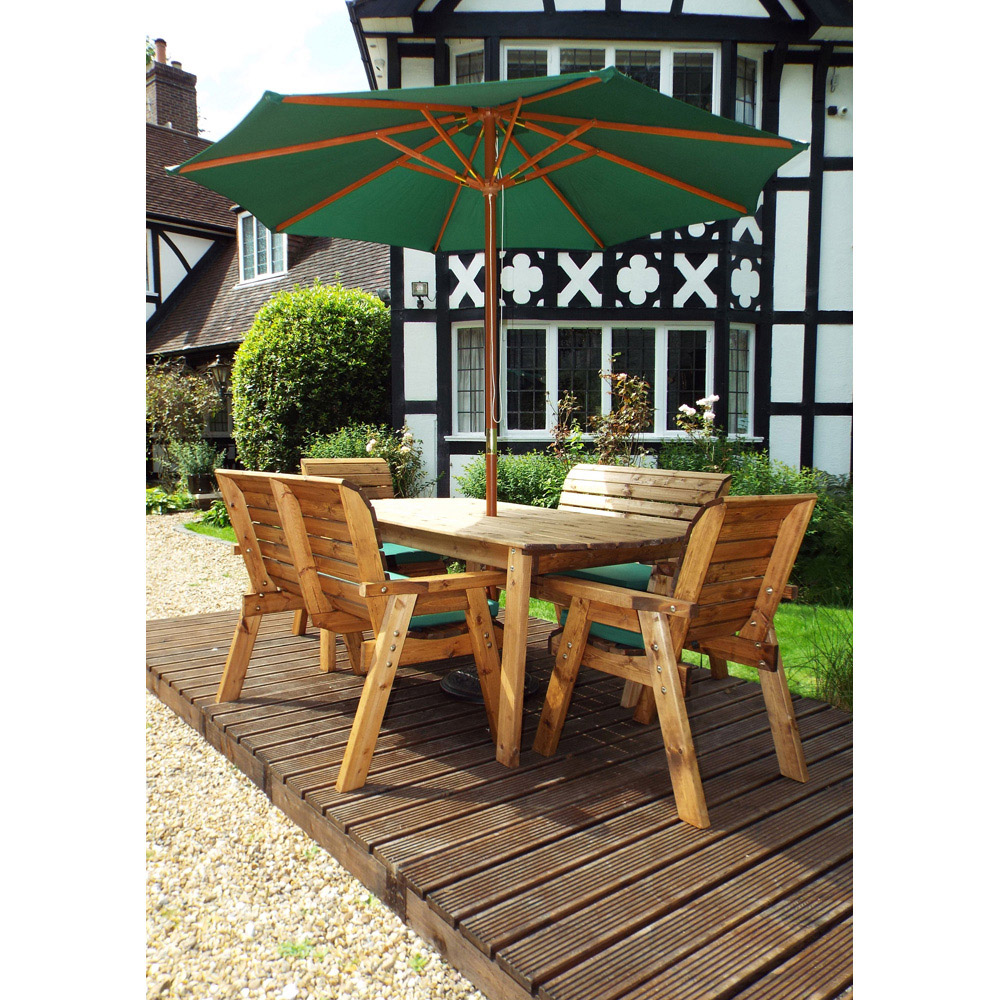 Charles Taylor Solid Wood 6 Seater Rectangular Outdoor Dining Bench Set with Green Cushions Image 7