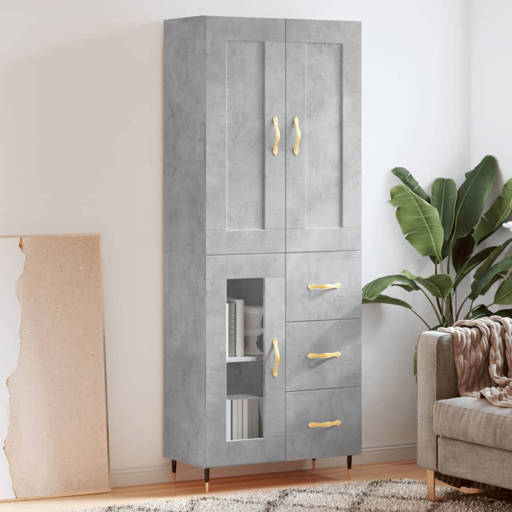 vidaXL 3 Wood and Glass Door 3 Drawer Concrete Grey Highboard with Gold Handle Image 1