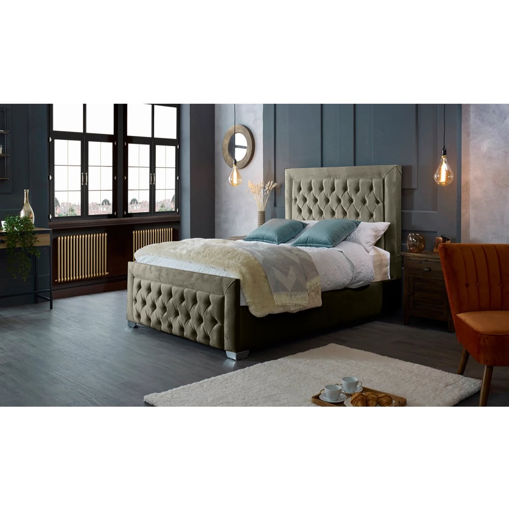 Eleganza Home Gelson Double Grey Plush Velvet Bed Frame with Chesterfield Headboard Image 4