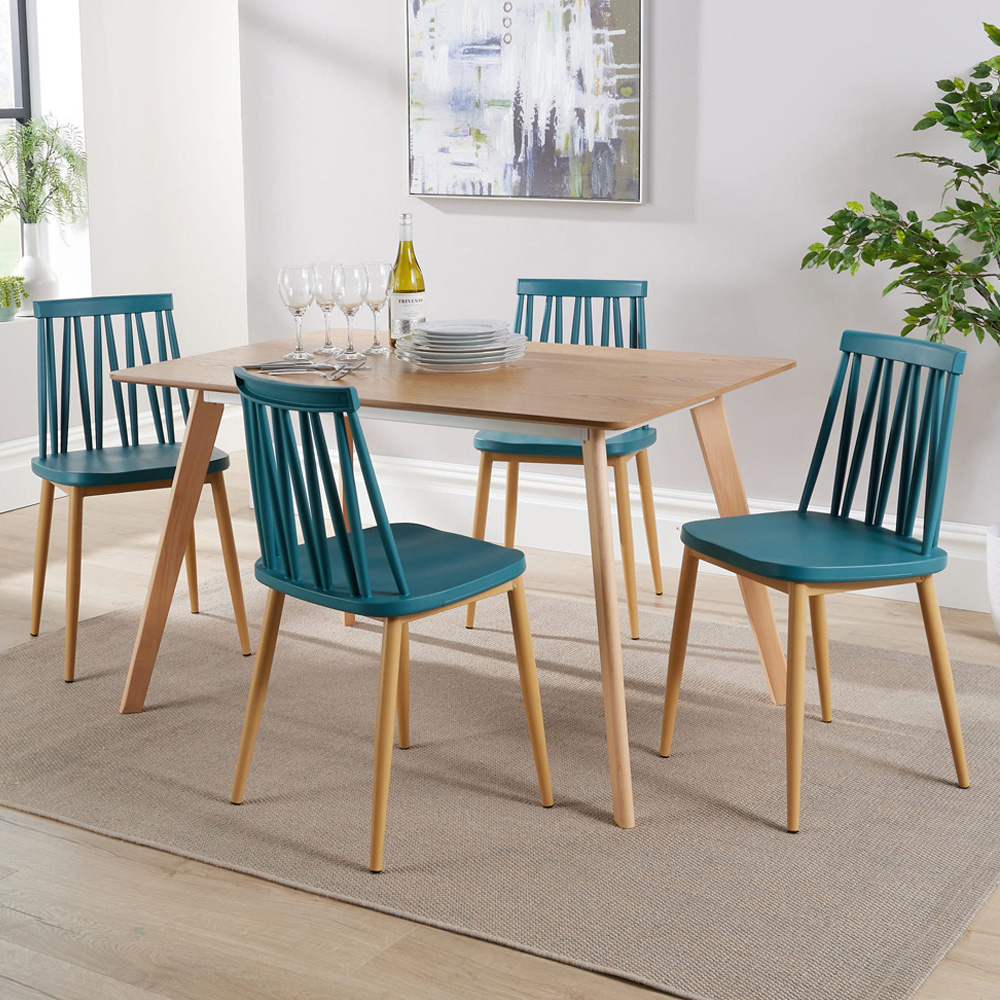 Home Source 4 Seater Veneer Top Geometric Pattern Dining Set Teal Image 1