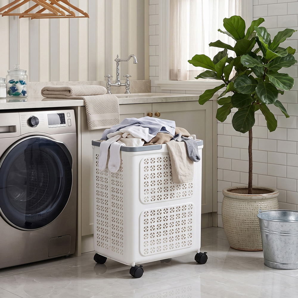 Living and Home White Foldable Laundry Basket with Wheels Image 2