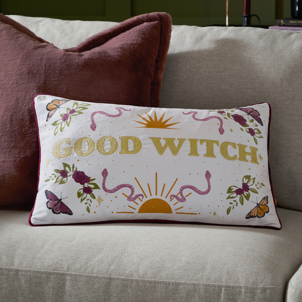 Furn Good Witch Embroidered Angel White Velvet Cushion 30 x 50cm Image 2