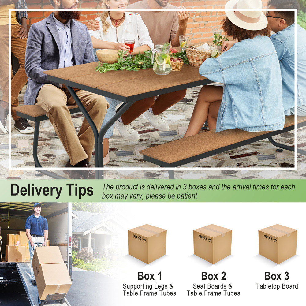 Costway 8 Seater Brown Outdoor Picnic Bench Set Image 6