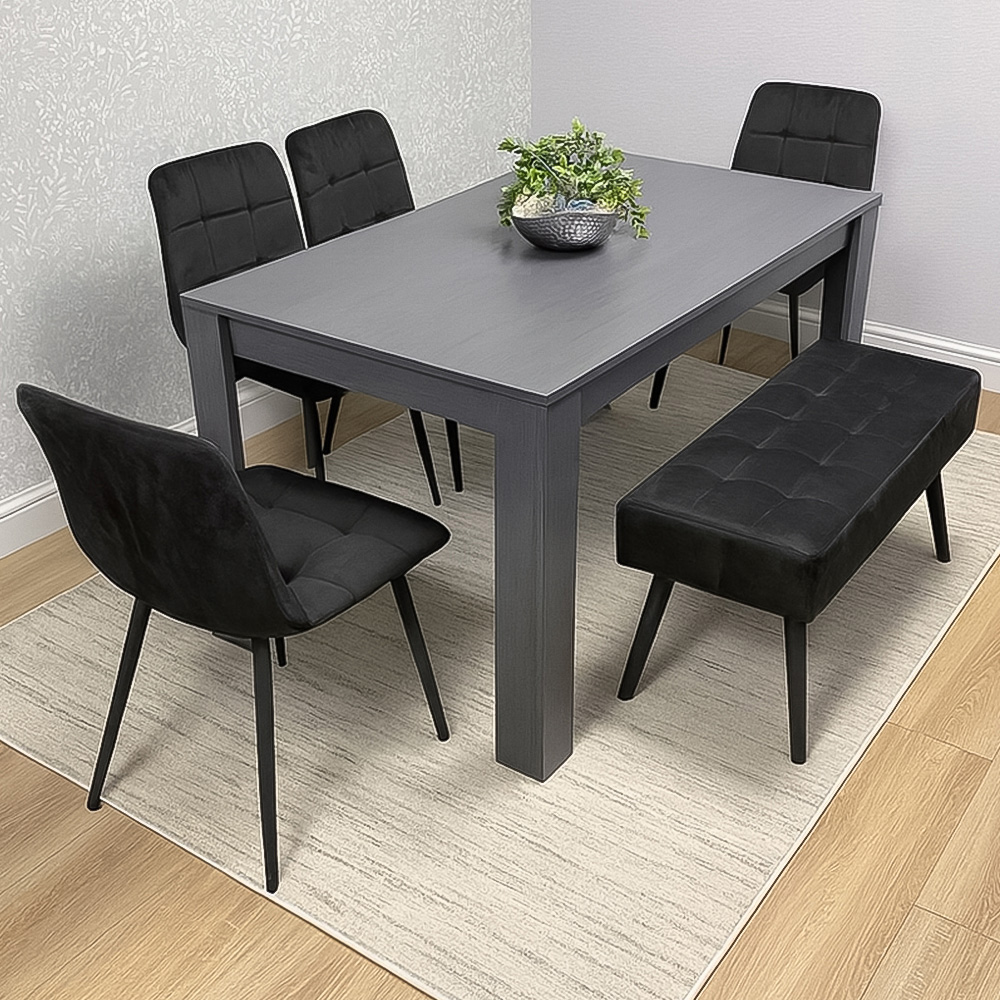 Portland 6 Seater Dark Grey Arrow Dining Table Set with Velvet Chairs and Bench Image 1