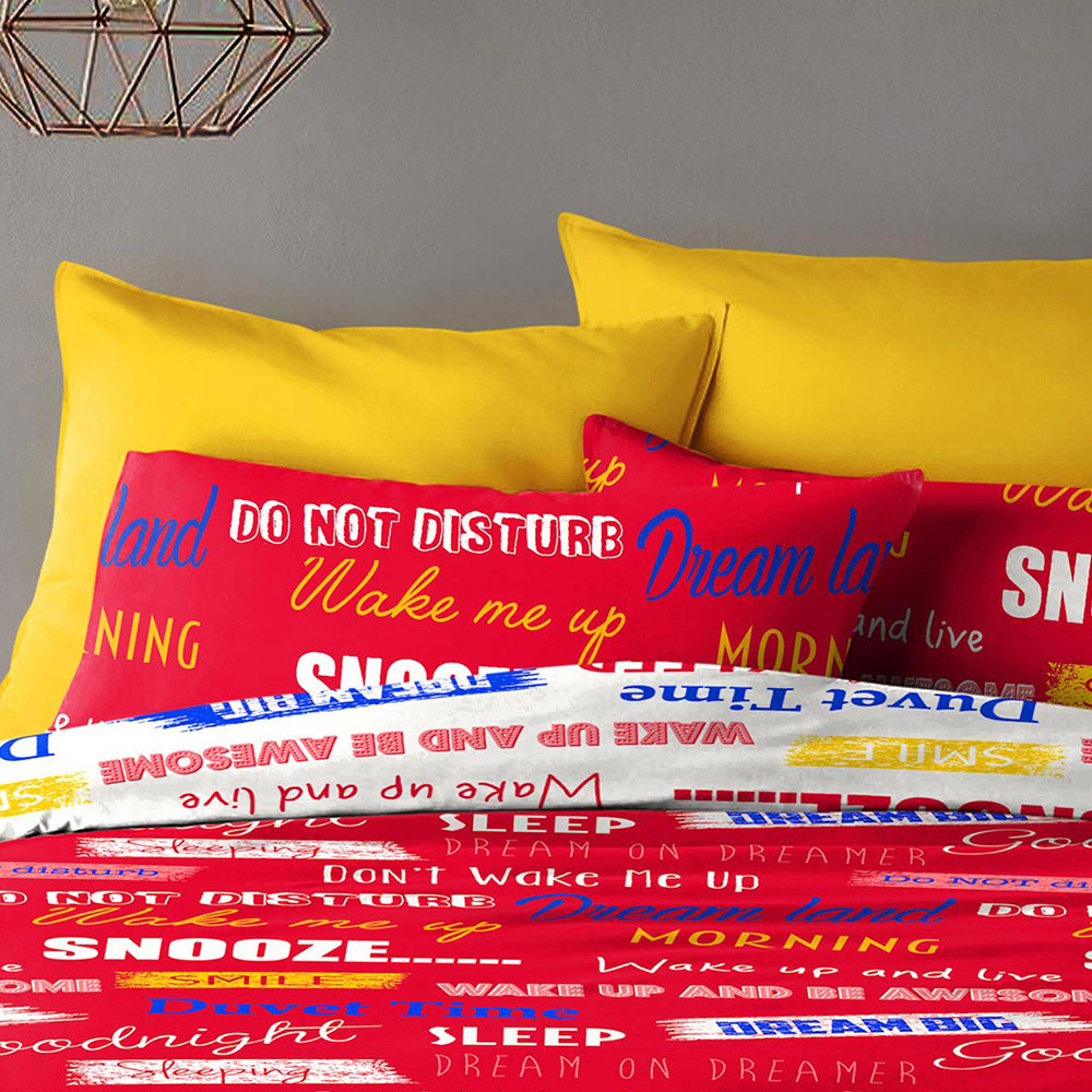 Velosso King Size Red Snooze Wake Me Up Theme Slogan Duvet Cover Set Image 2