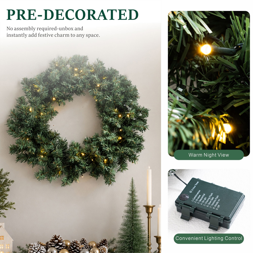 Abrihome 35 Warm White LED Multi-Function Artificial Christmas Wreath with 140 Tips 50cm Image 7