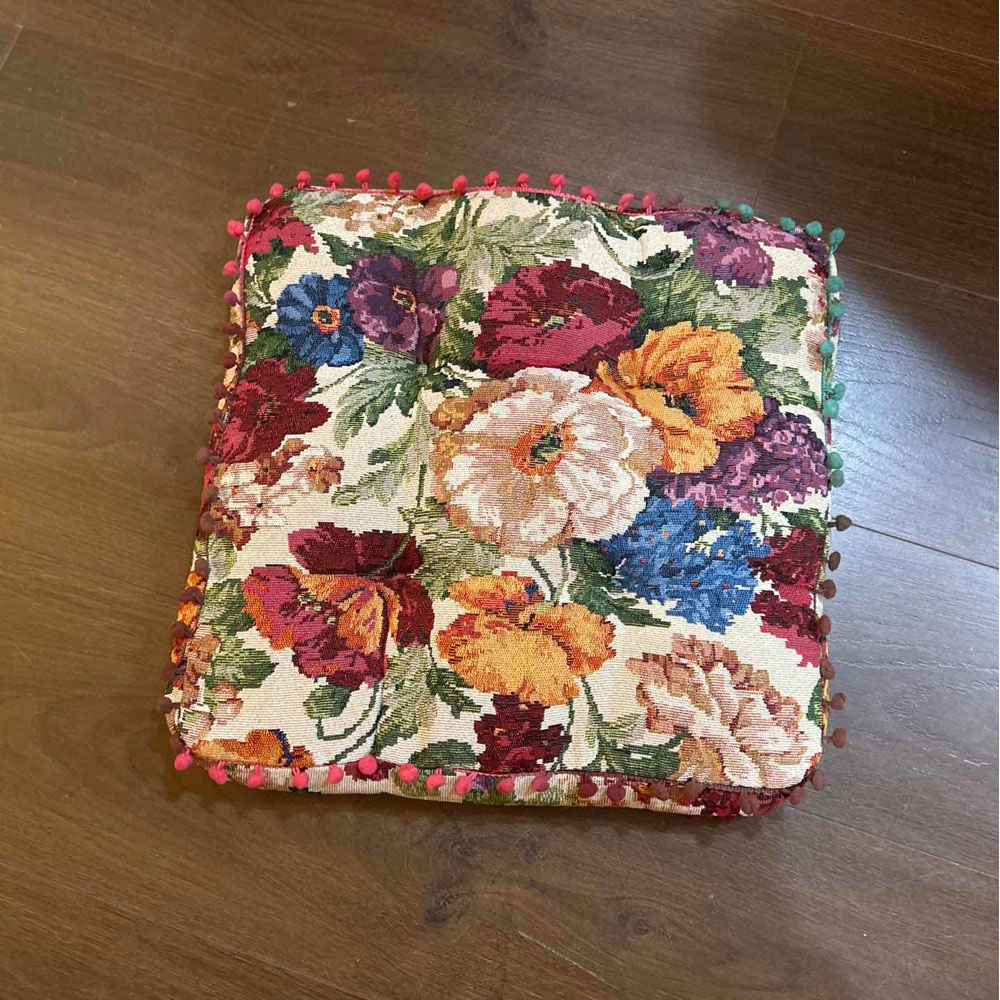 Living and Home Beige Vintage Floral Embroidered Tatami Seat Cushion with Pom Poms 40 x 40cm Image 2