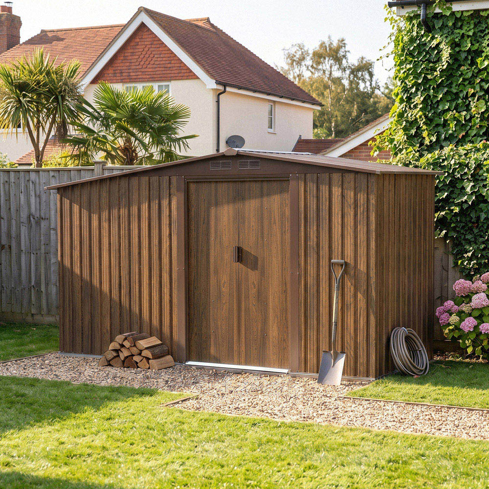 Living and Home 4 x 8ft Wood Grain Finish Apex Garden Shed with Log Storage Image 2