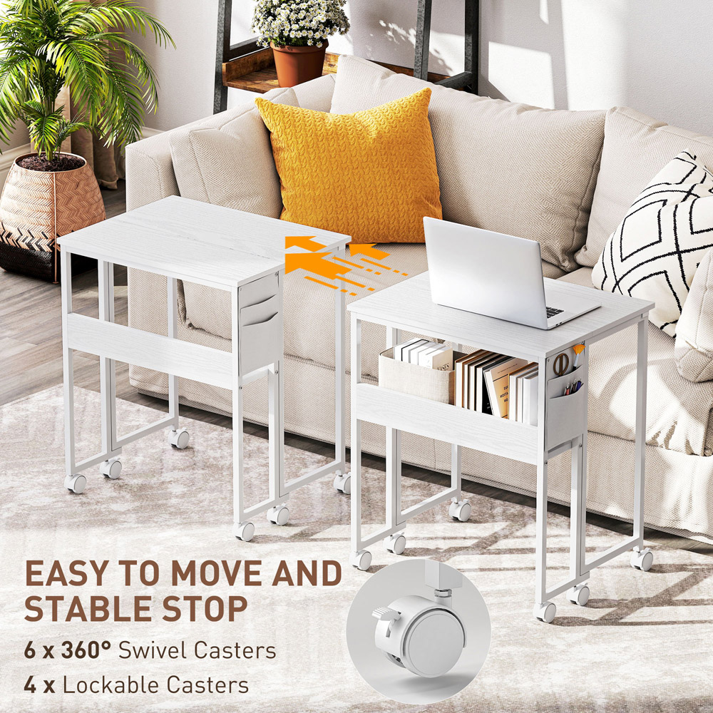HOMCOM Single Shelf Foldable Computer Desk with Wheels and Side Bag White Image 6