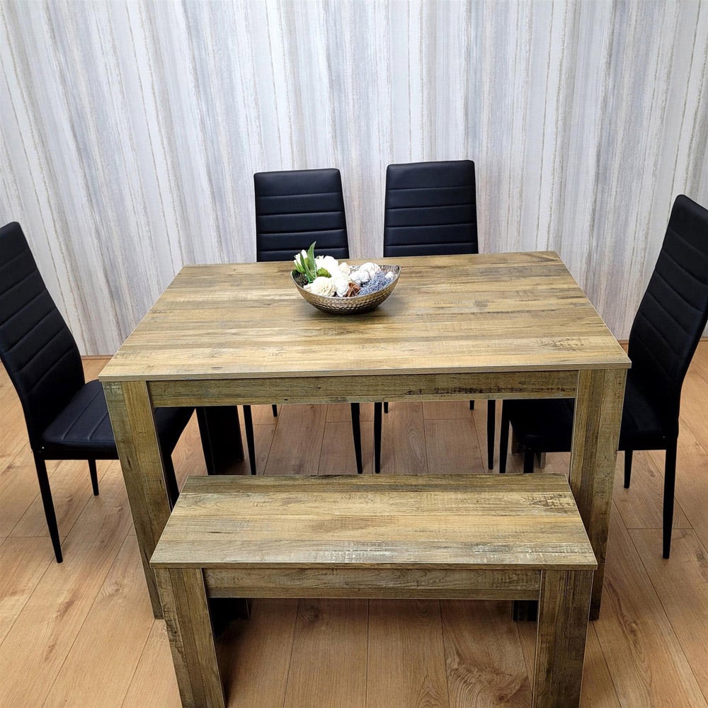 Portland 6 Seater Leather Dining Set Wood Effect and Black with Bench Image 2