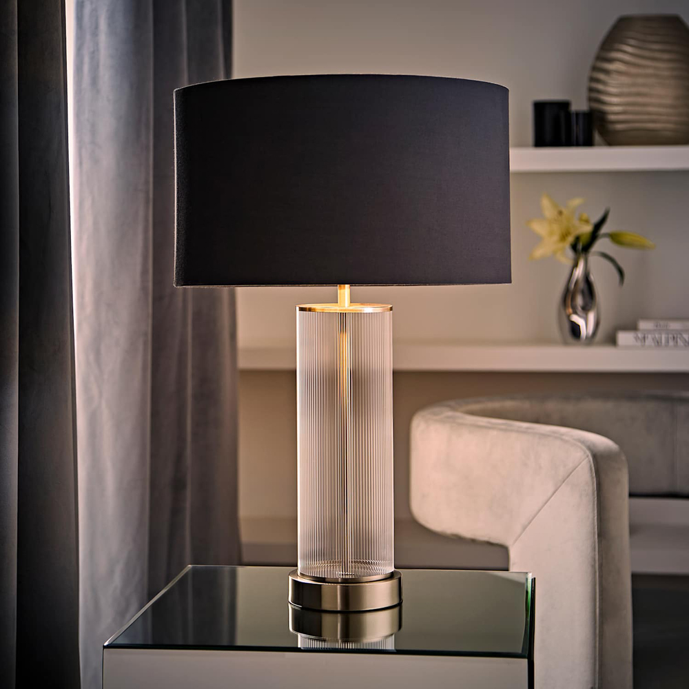 ValueLights Calin Charcoal and Chrome Shade Chrome Ribbed Glass Table Lamp with Bulb Image 2