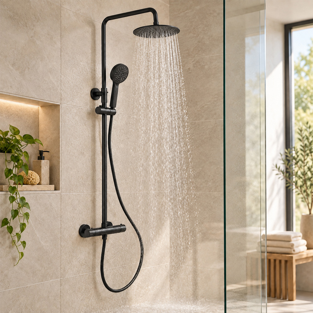 Go Bathrooms Matt Black Round Thermostatic Shower Kit Image 4