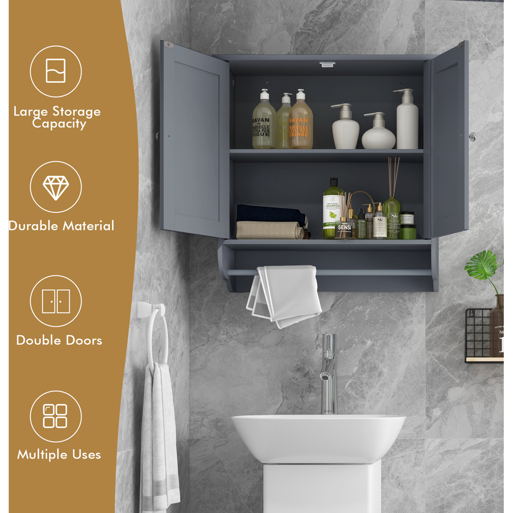 Costway 2 Door Grey Wall Mounted Bathroom Cabinet with Towel Rack Image 4