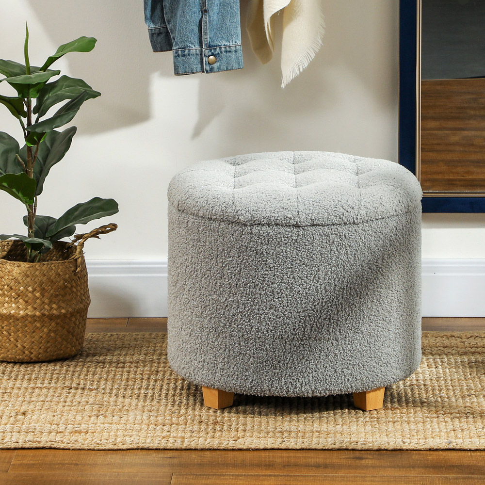 HOMCOM Grey Teddy Fleece Round Ottoman Footstool Image 4