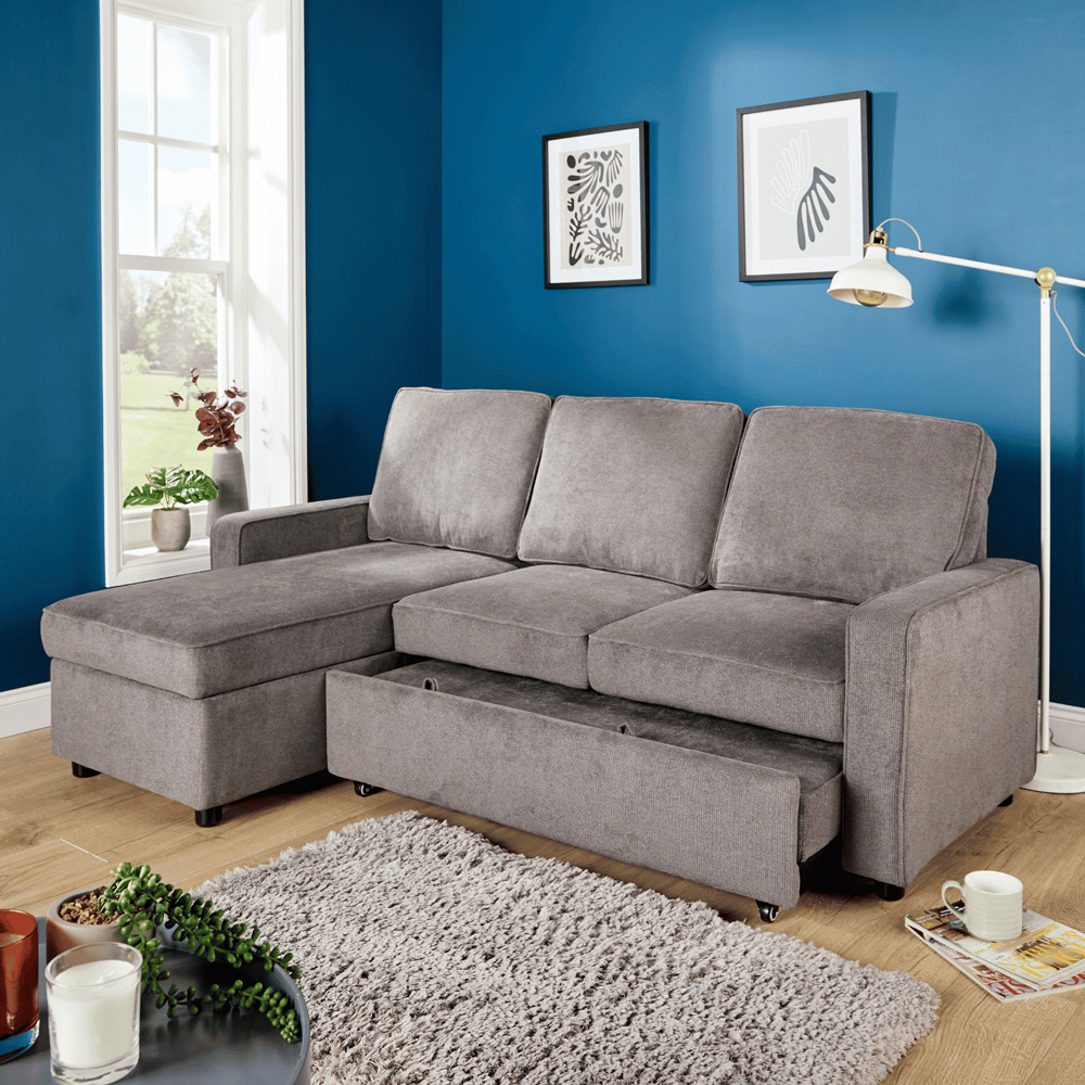 Home Source Kingston Grey Sectional Upholstered Corner Sofa with Pull Out Bed Image 4