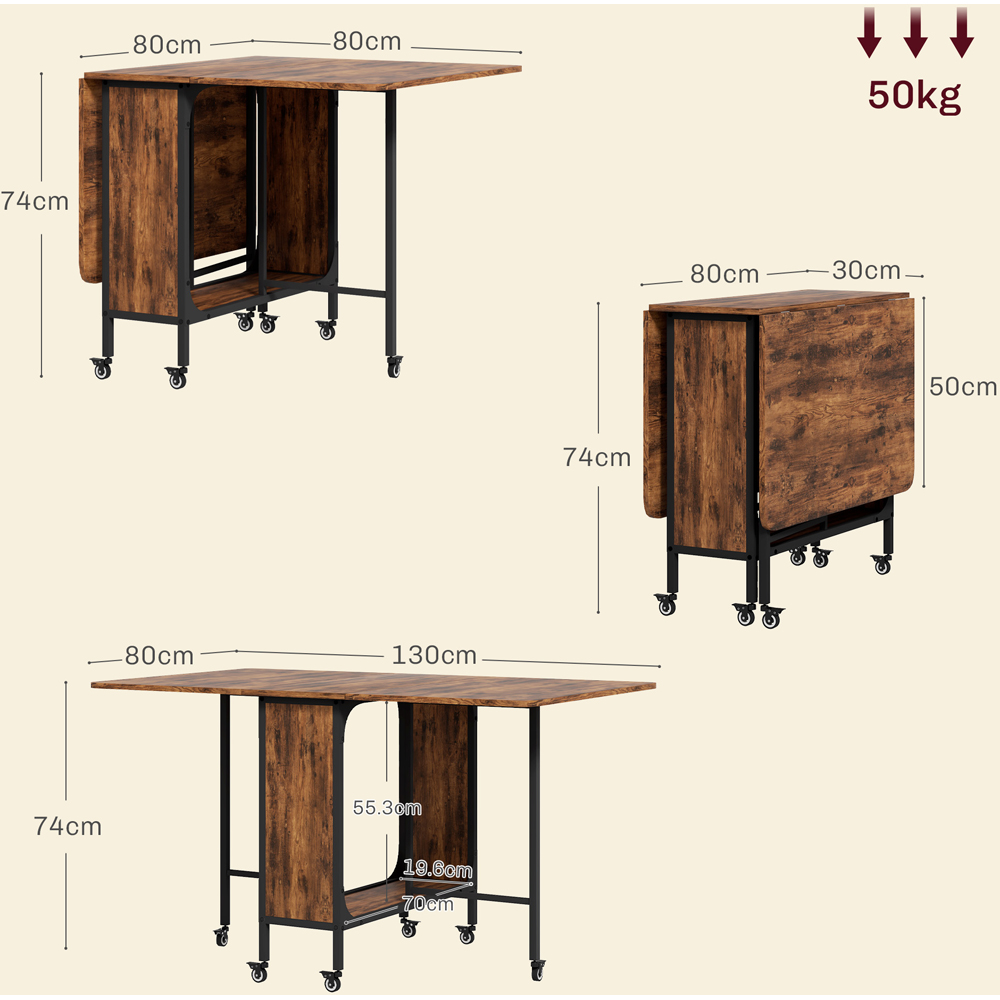 HOMCOM 6 Seater Rustic Brown Drop Leaf Mobile Dining Table Image 9