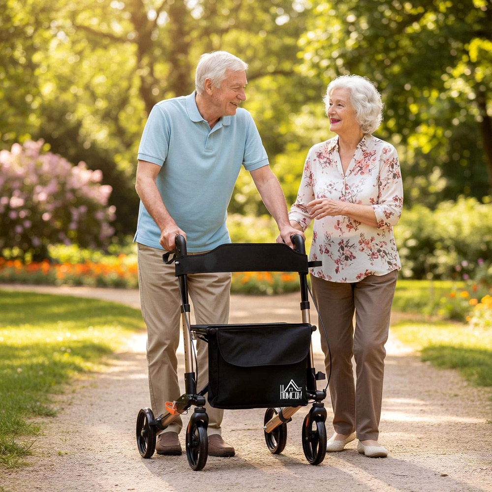 HOMCOM Gold Tone 4-Wheel Foldable Rollator Walker with Seat and Storage Bag Image 2