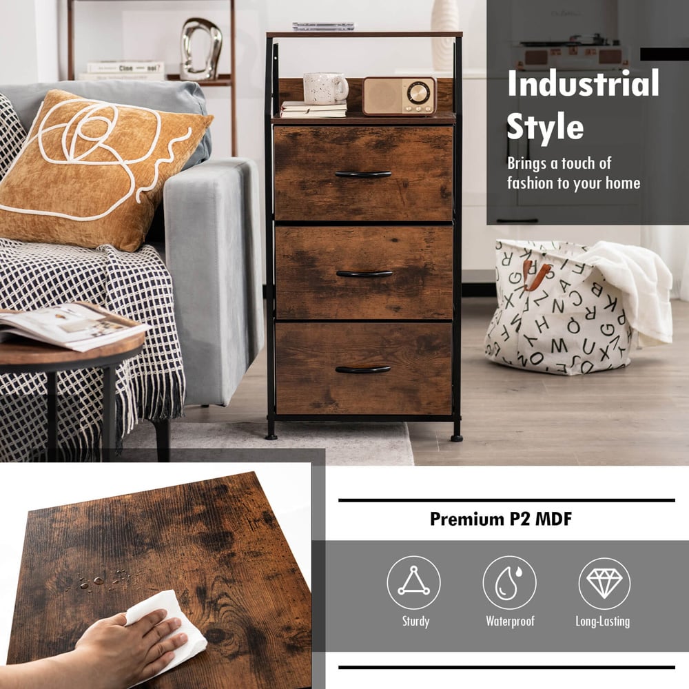 Costway 3 Drawer Single Shelf Brown Storage Unit Image 7