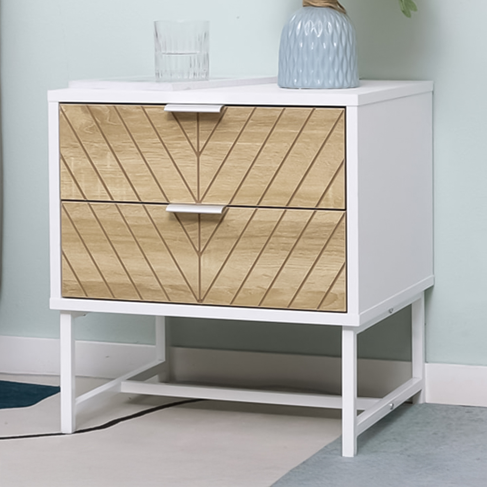 Portland 2 Drawer White and Oak Bedside Table Image 1