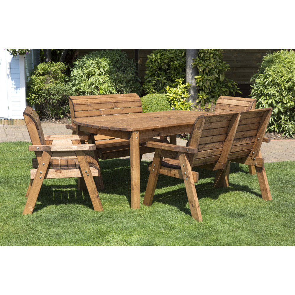 Charles Taylor Solid Wood 6 Seater Rectangular Outdoor Dining Bench Set with Green Cushions Image 5