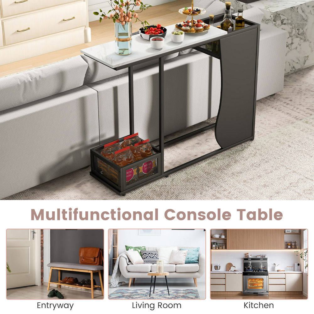 Costway Black and White Marble Console Table with 2 Mesh Storage Image 4