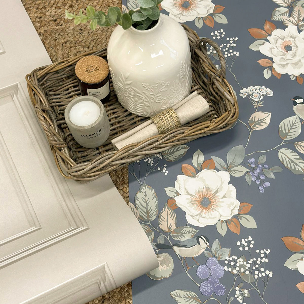 Belgravia Decor Bramble Floral Motif Blue Wallpaper Image 2