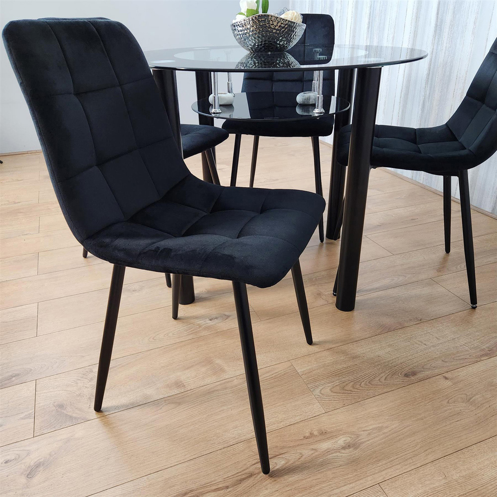 Portland Rocco 4 Seater Round Glass Velvet Dining Set Black Image 2