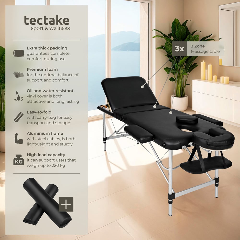 Massage Table - aluminium frame, carry bag, bolsters, head and armrests, folding - Black Image 7