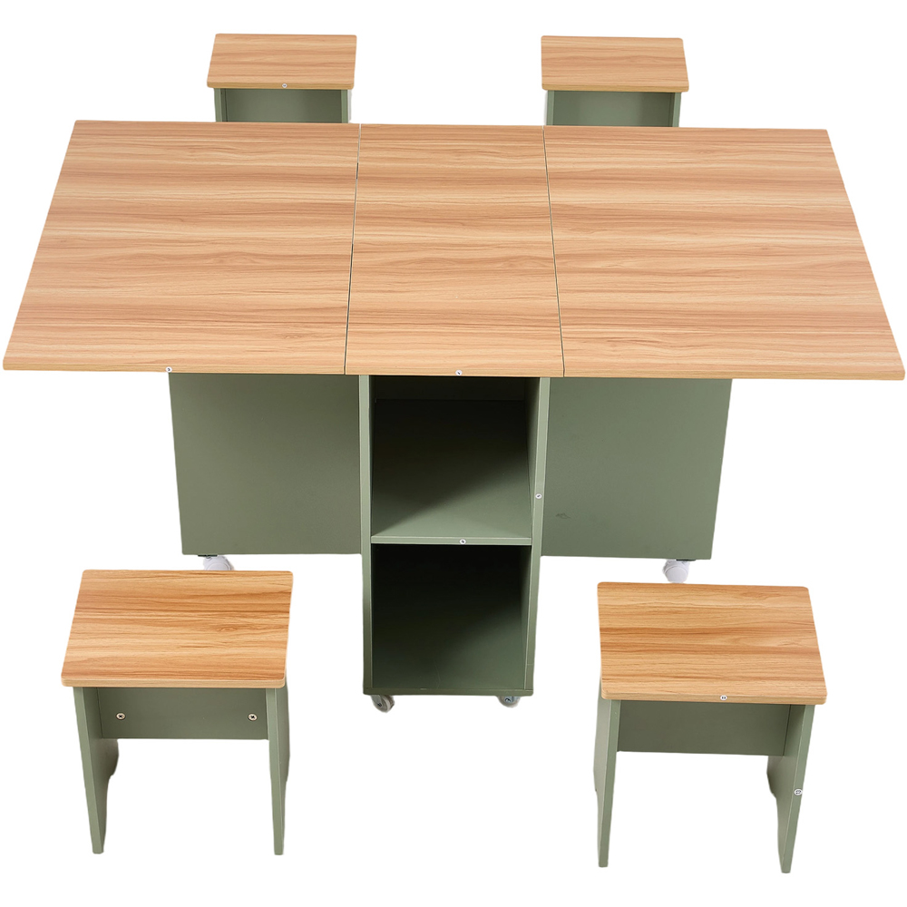Living and Home 4 Seater Drop-Leaf Dining Table and Stool Set Green and Natural Wood Grain Image 2