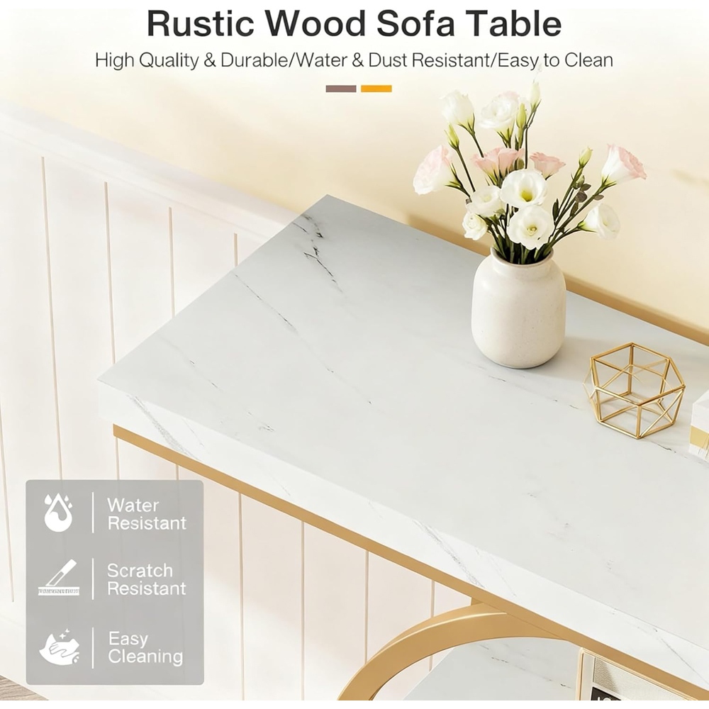 Alivio 4-Tier White and Gold Rustic Wood Double Round Metal Frame Console Table Image 6