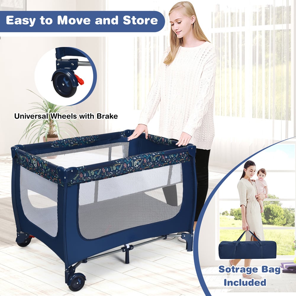 Costway Blue 2 in 1 Foldable Baby Playpen with Lockable Wheels and Mattress Image 8