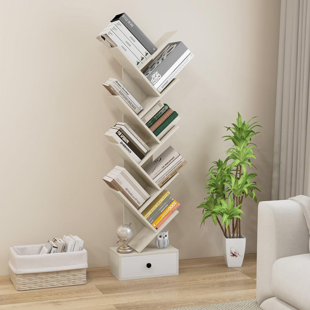 Costway Single Drawer 10 Shelf Beige Tree Bookshelf Image 1