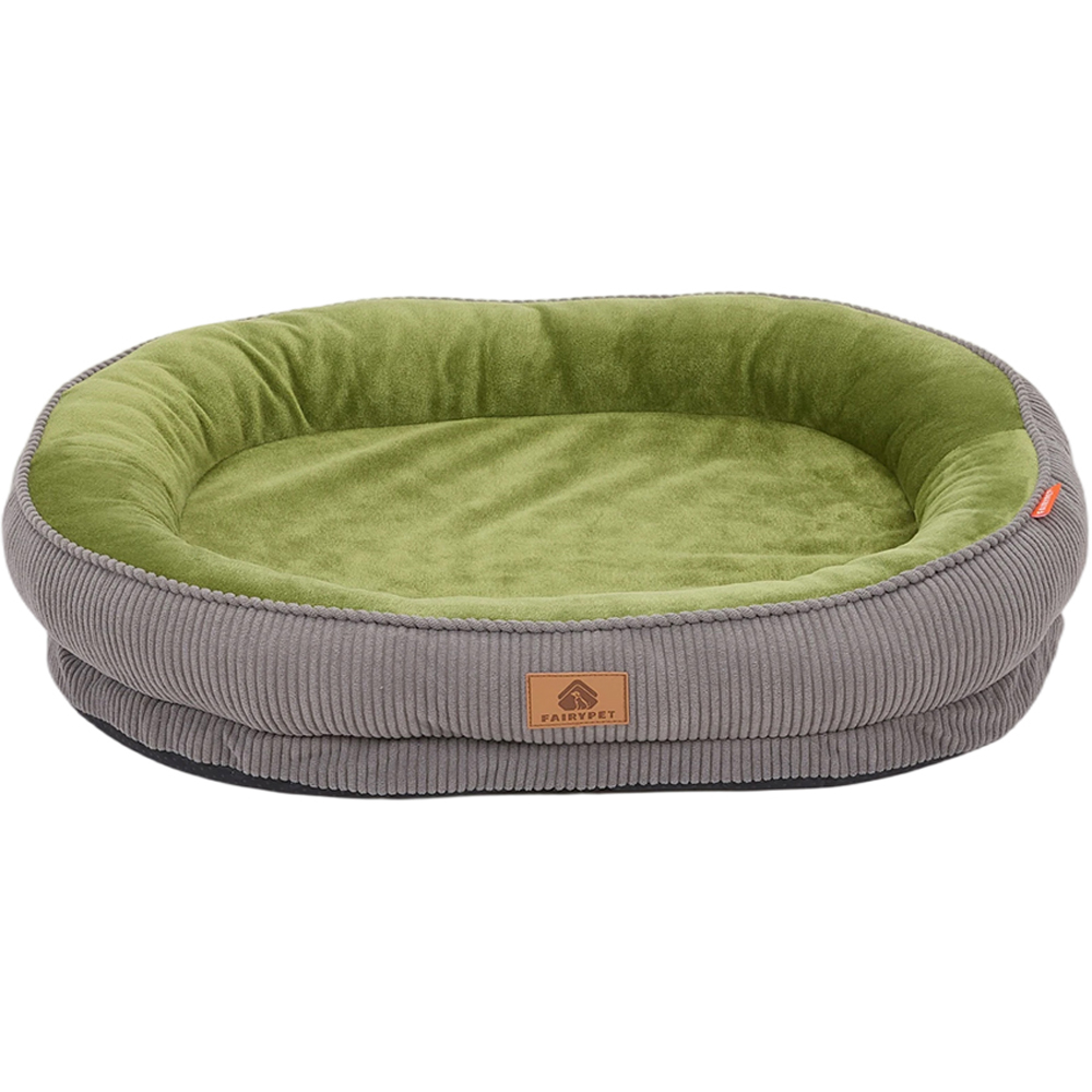 H&O Direct 50cm Grey and Green Corduroy Dog Cuddle Bed with Anti-Slip Bottom Image 1