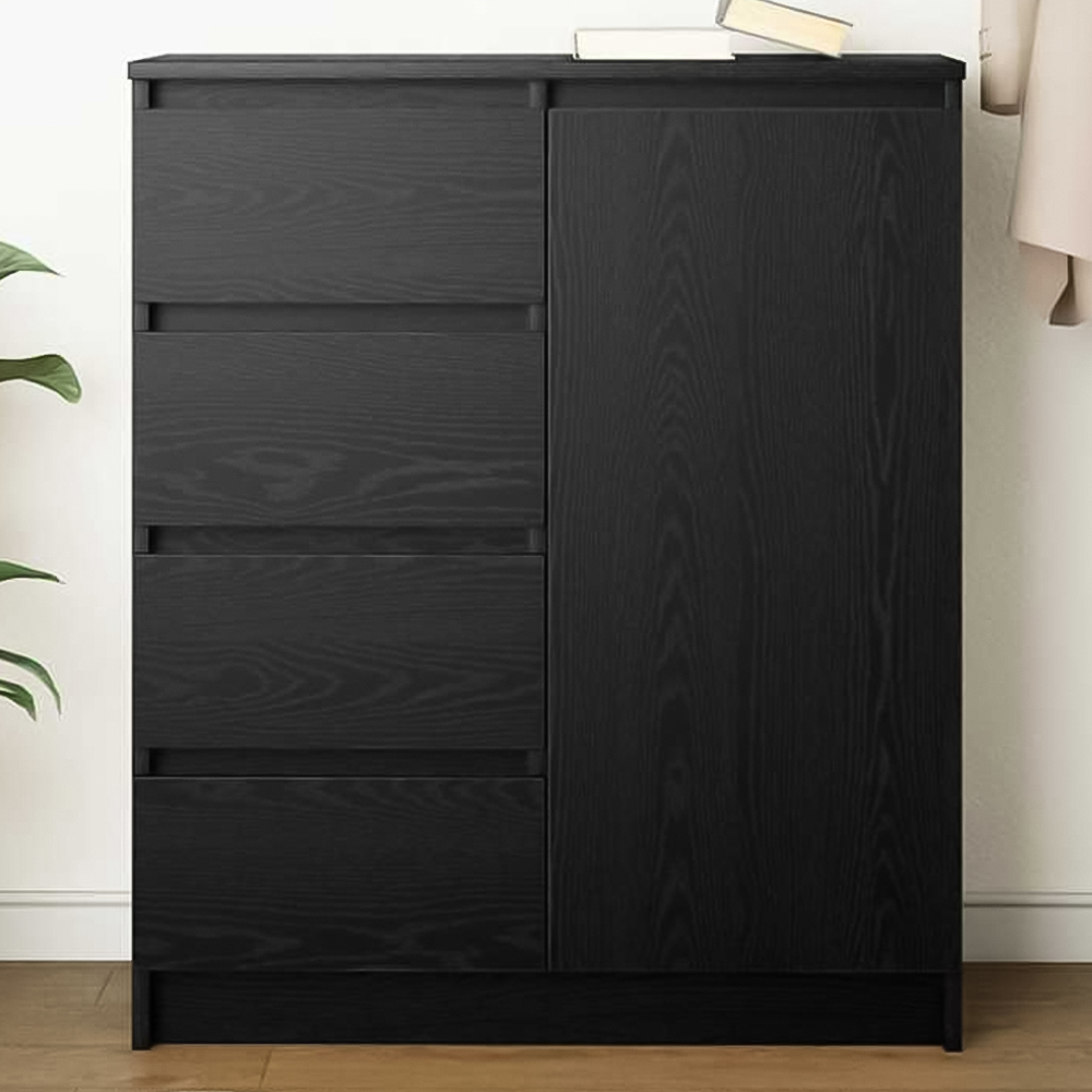 vidaXL Single Door 4 Drawer Black Wooden Sideboard Image 1